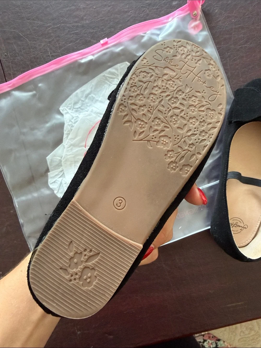 SweetHoney Black Suede Mary Jane Flats with Bow Girls Size 3Y